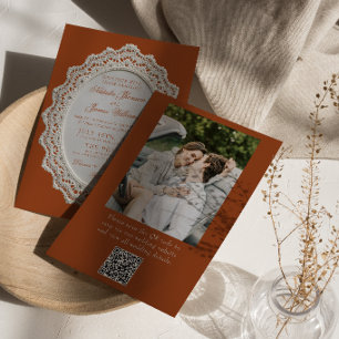 Invitación Boda con código QR de encaje de terracota quemada