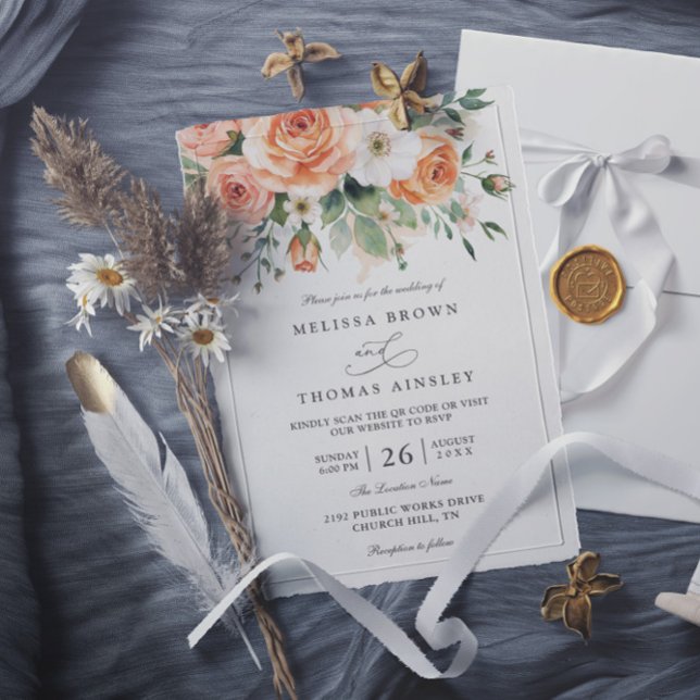 Invitación Boda con código QR de flores blancas y melocotón e (Subido por el creador)