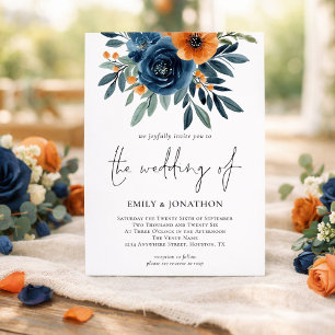 Invitación Boda con código QR de flores naranja quemada y azu