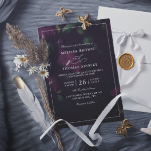 Invitación Boda con código QR de flores púrpuras malhumoradas