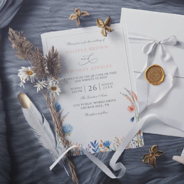 Invitación Boda con código QR de flores silvestres azules y n (Subido por el creador)