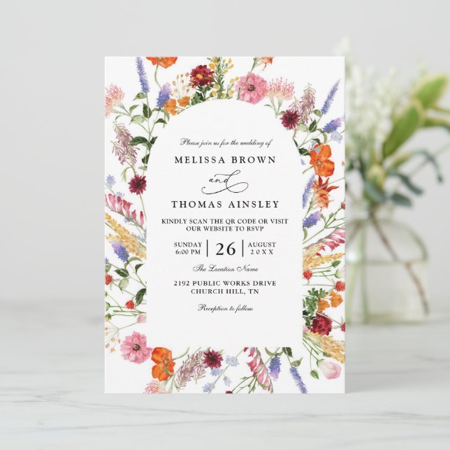 Invitación Boda con código QR de flores silvestres en acuarel (Anverso de pie)
