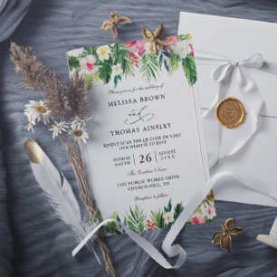 Invitación Boda con código QR de flores tropicales de acuarel
