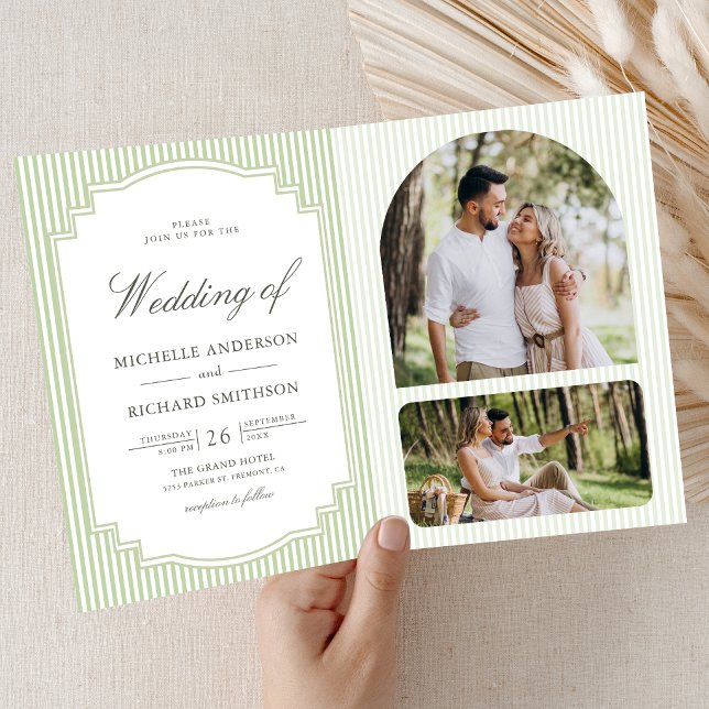 Invitación Boda con código QR de foto a rayas verde salvia cl (Subido por el creador)