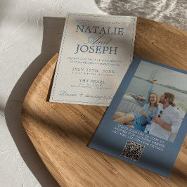 Invitación Boda con código QR de foto antigua azul y blanca d
