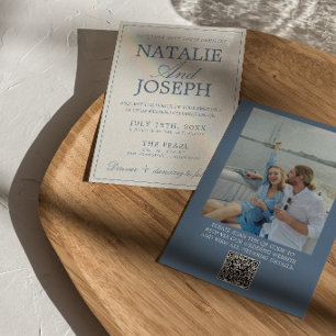 Invitación Boda con código QR de foto antigua azul y blanca d