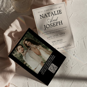 Invitación Boda con código QR de foto antigua crema negra ret