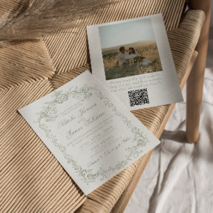 Invitación Boda con código QR de foto antigua en verde salvia