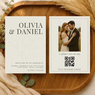 Invitación Boda con código QR de foto botánica en verde oliva