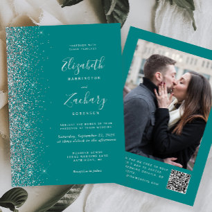 Invitación Boda con código QR de foto con brillo plateado azu