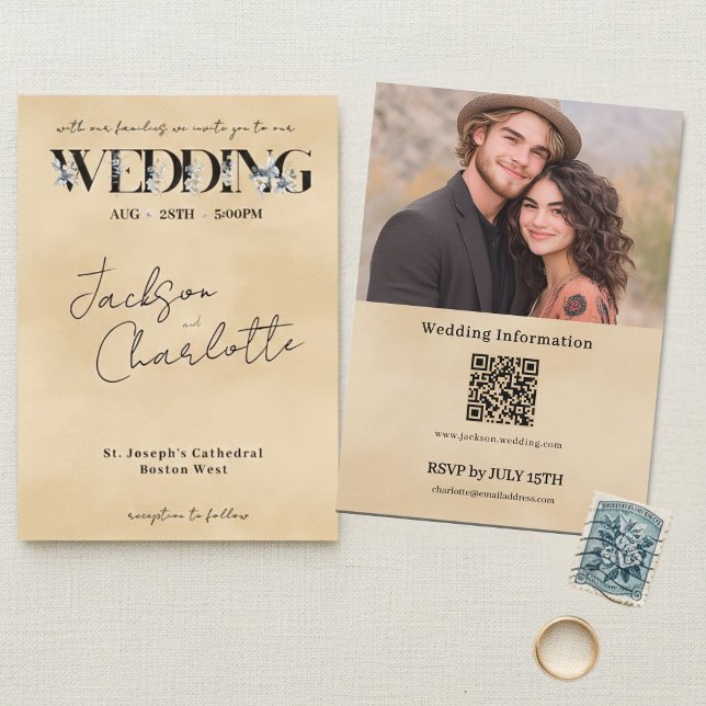 Invitación Boda con código QR de foto con letra script floral (Subido por el creador)