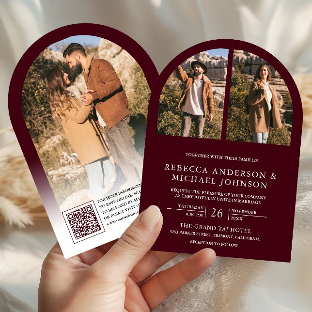 Invitación Boda con código QR de foto de arco de Borgoña mode (Subido por el creador)