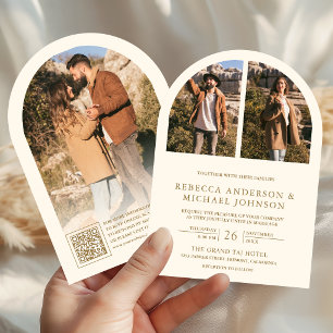 Invitación Boda con código QR de foto de arco de crema y oro 