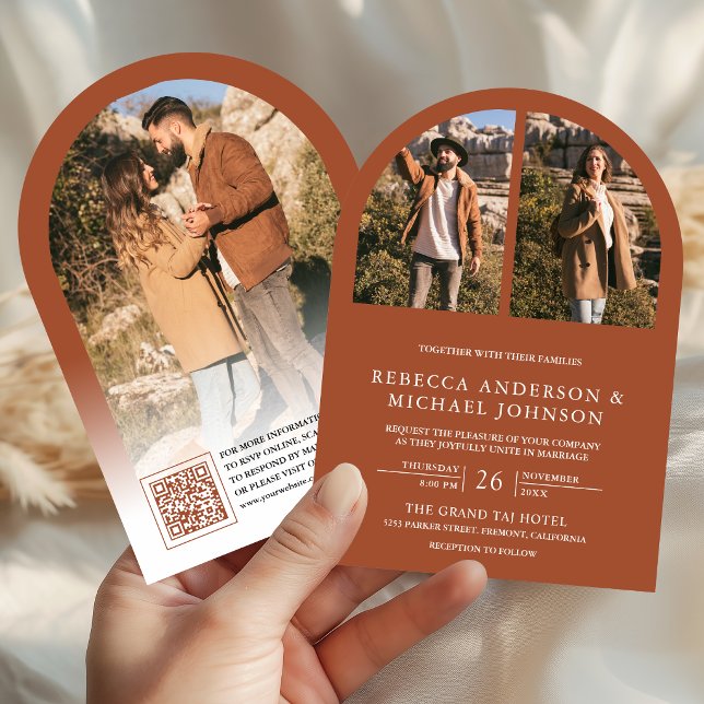 Invitación Boda con código QR de foto de arco de terracota mo (Subido por el creador)