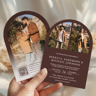 Invitación Boda con código QR de foto de arco marrón espresso
