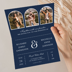 Invitación Boda con código QR de foto de arco minimalista azu