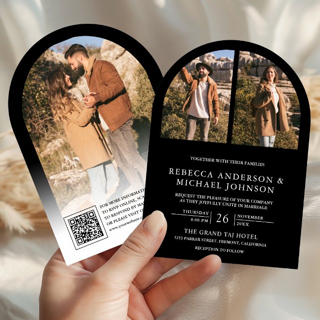 Invitación Boda con código QR de foto de arco negro moderno (Subido por el creador)