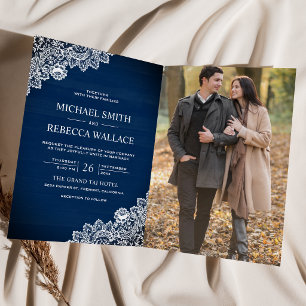 Invitación Boda con código QR de foto de encaje de madera azu