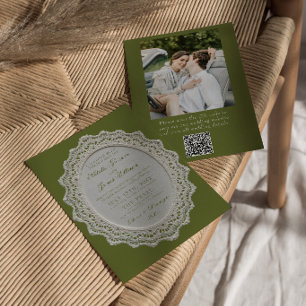 Invitación Boda con código QR de foto de encaje verde oliva v