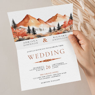 Invitación Boda con código QR de foto del bosque de la montañ
