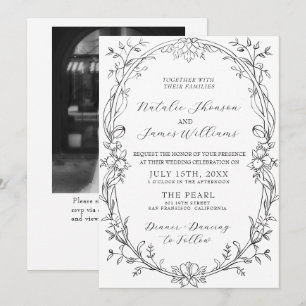 Invitación Boda con código QR de foto floral en blanco y negr