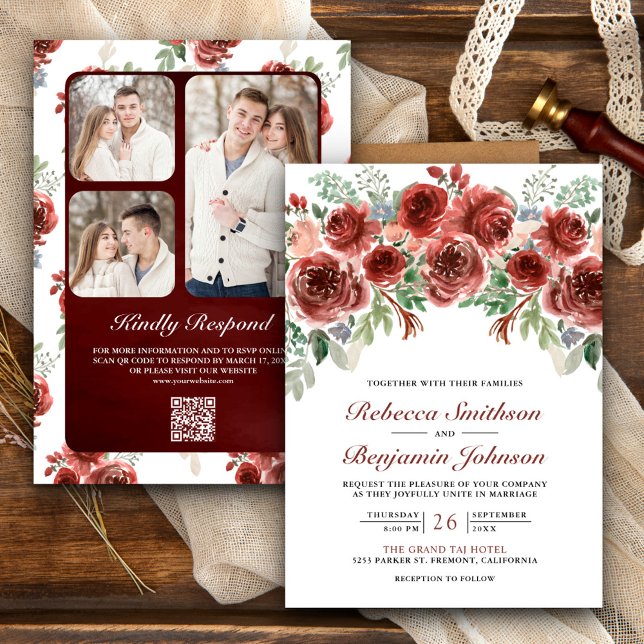 Invitación Boda con Código QR de Foto Floral Marsala Rústica (Subido por el creador)