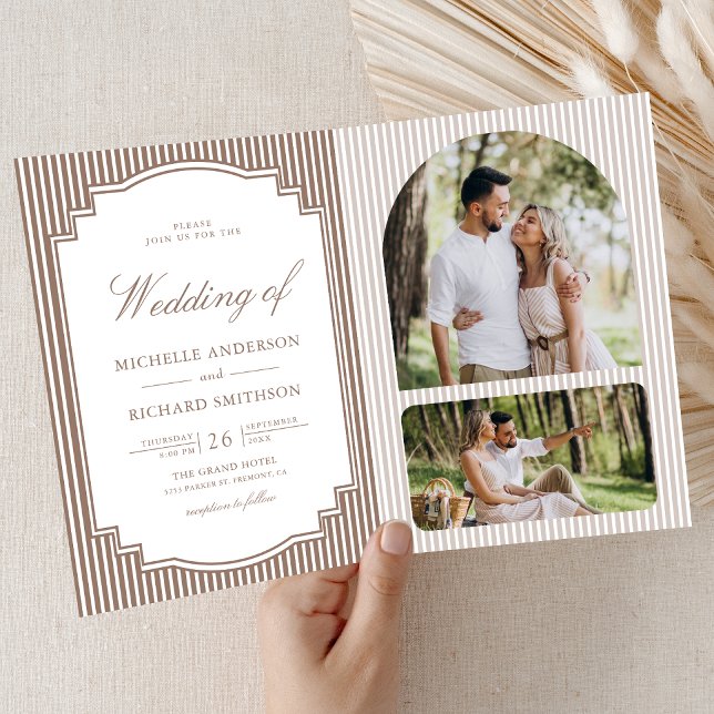 Invitación Boda con código QR de foto marrón a rayas clásico (Subido por el creador)