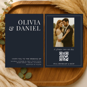 Invitación Boda con Código QR de Foto Minimalista Azul Marino