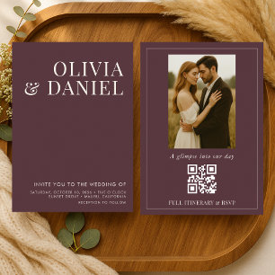 Invitación Boda con Código QR de Foto Minimalista de Borgoña