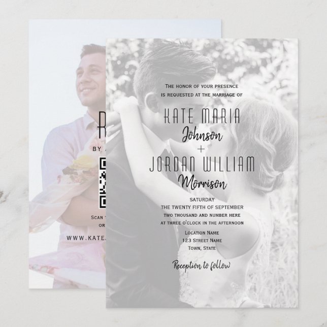Invitación Boda con código QR de foto moderna (Anverso / Reverso)
