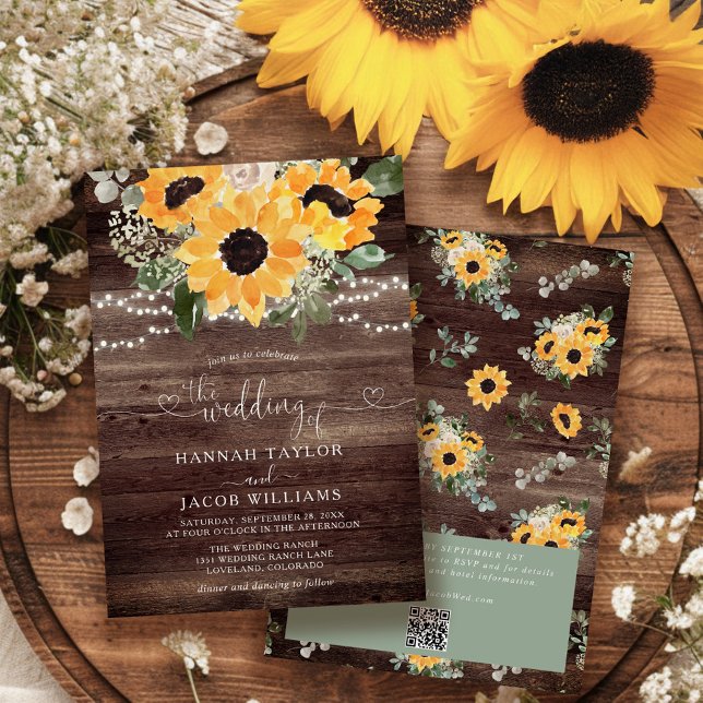 Invitación Boda con código QR de girasol rústico en madera de (Subido por el creador)