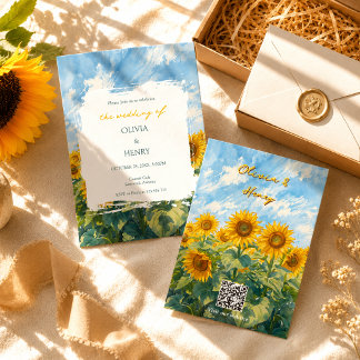 Invitación Boda con código QR de girasoles inspirada en Van G