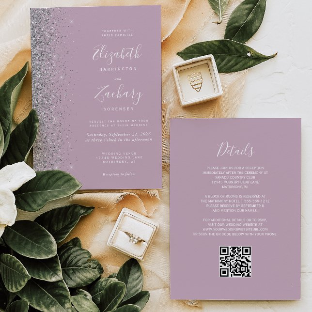 Invitación Boda con Código QR de Glitter Plateado Moderno Lil (Subido por el creador)