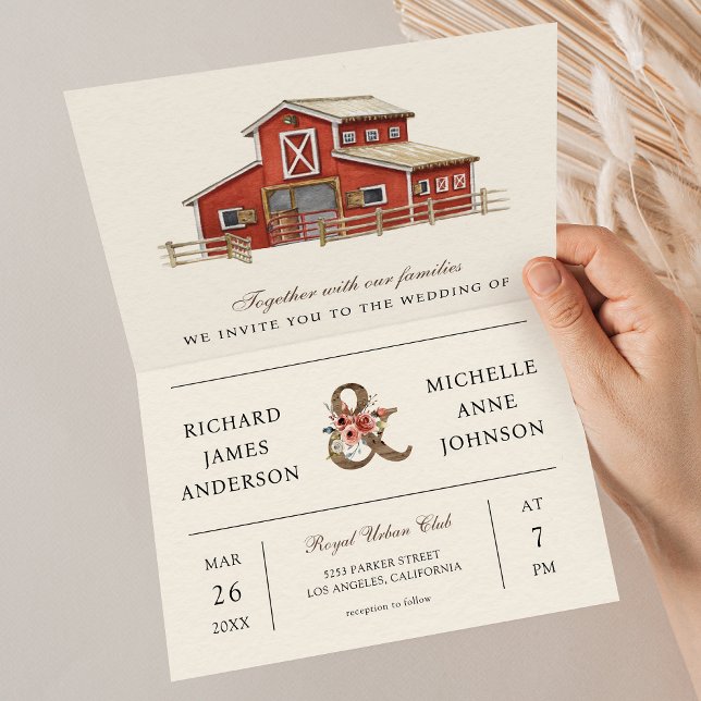 Invitación Boda con código QR de granero rojo rústico de gran (Subido por el creador)