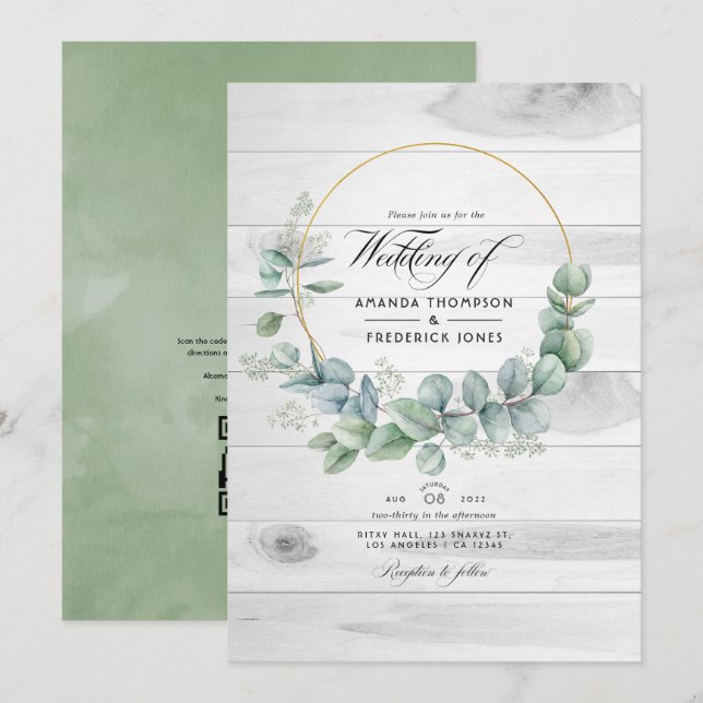 Invitación Boda con código QR de granero rústico de eucalipto (Anverso / Reverso)