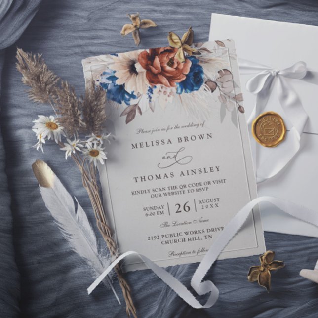 Invitación Boda con código QR de hierba de Pampas azul marino (Subido por el creador)