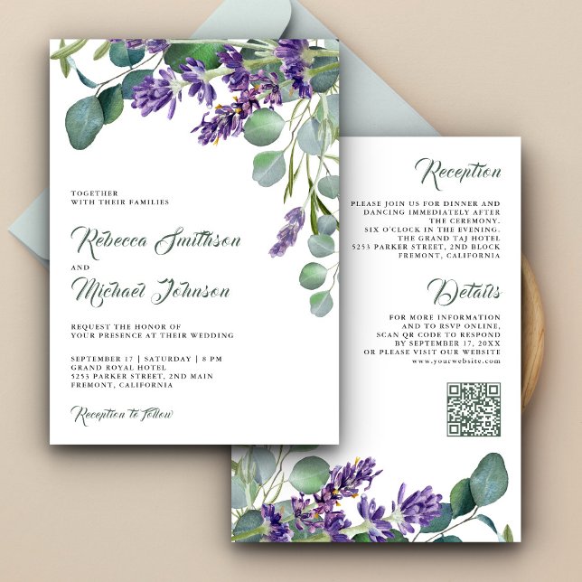 Invitación Boda con Código QR de Lavanda Eucalipto Rústico (Subido por el creador)
