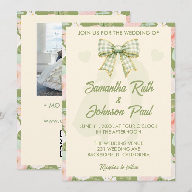 Invitación Boda con código QR de lazo de gingham verde de flo (Anverso / Reverso)