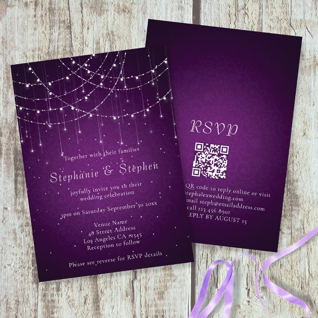 Invitación Boda con código QR de luces de cadena moradas eleg (Subido por el creador)