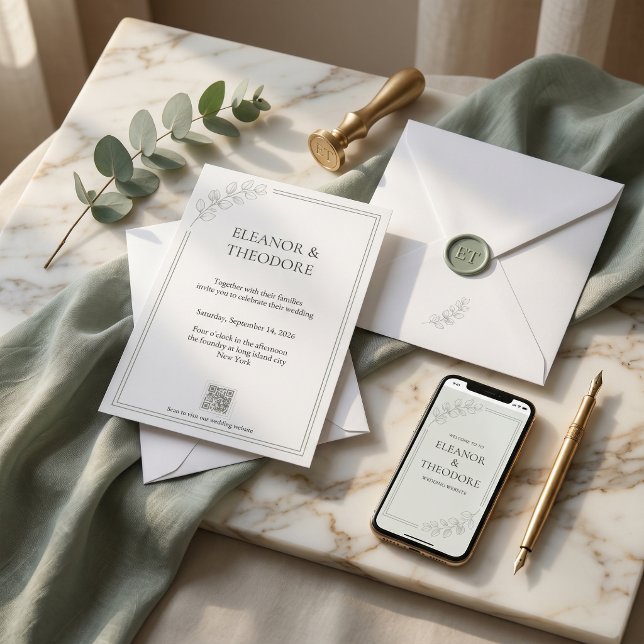 Invitación Boda con código QR de lujo tranquilo en verde salv (Sage Green Quiet Luxury QR Code Wedding Invitation)