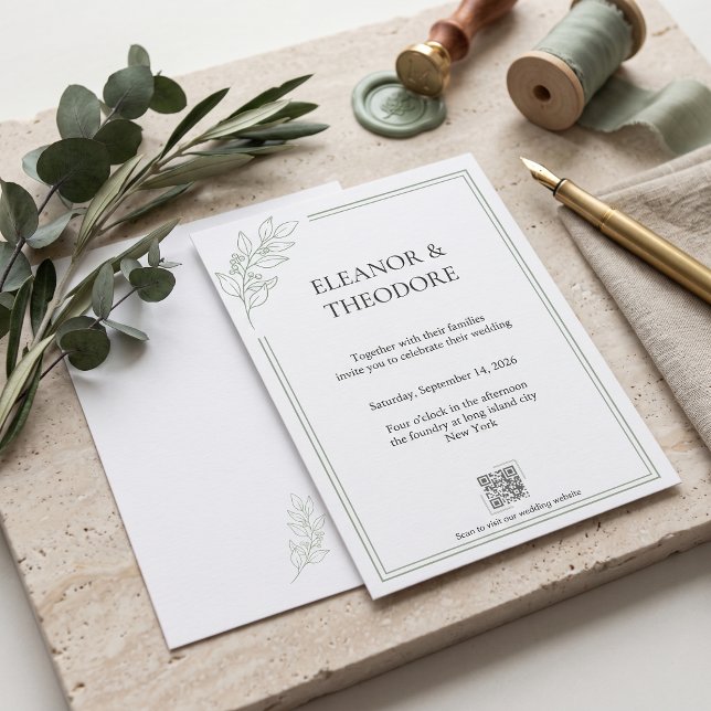 Invitación Boda con código QR de lujo tranquilo en verde salv (Sage Green Quiet Luxury QR Code Wedding Invitation)