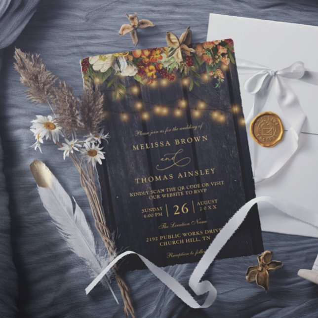 Invitación Boda con código QR de madera de granero chic flora (Subido por el creador)