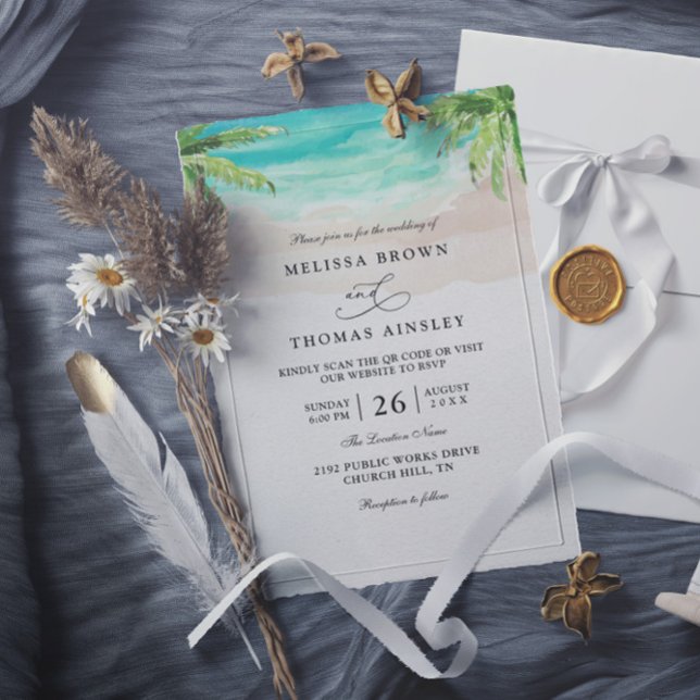 Invitación Boda con código QR de palma de playa tropical acua (Subido por el creador)