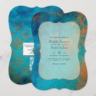 Invitación Boda con código QR de pátina de cobre grunge y tur