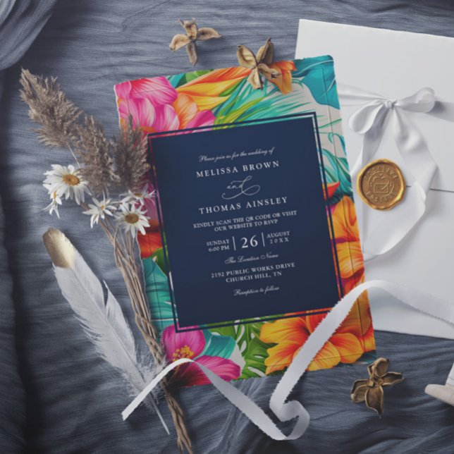Invitación Boda con código QR de playa de hibisco floral trop (Subido por el creador)