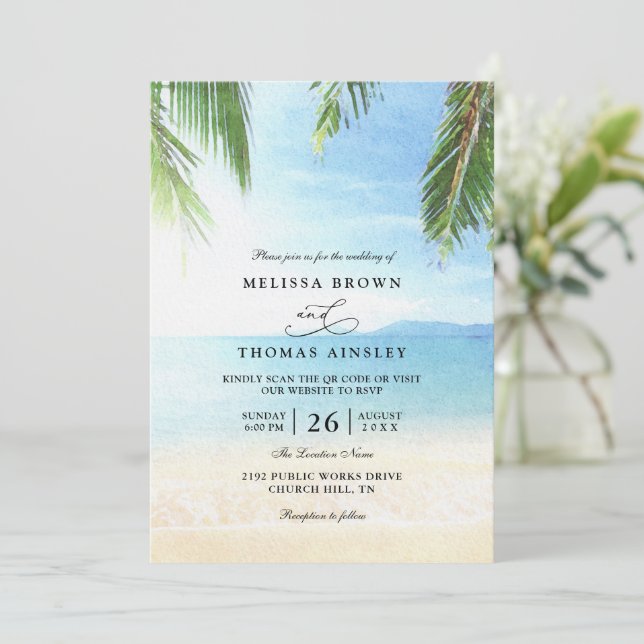 Invitación Boda con código QR de playa de isla tropical con p (Anverso de pie)