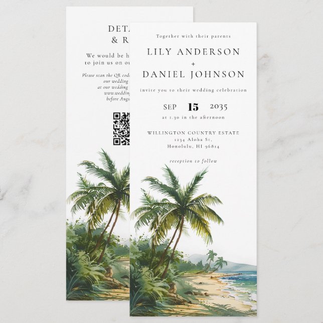Invitación Boda con código QR de playa tropical acuarela (Anverso / Reverso)