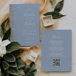 Invitación Boda con Código QR de Polvo Azul Moderno Brillo Pl