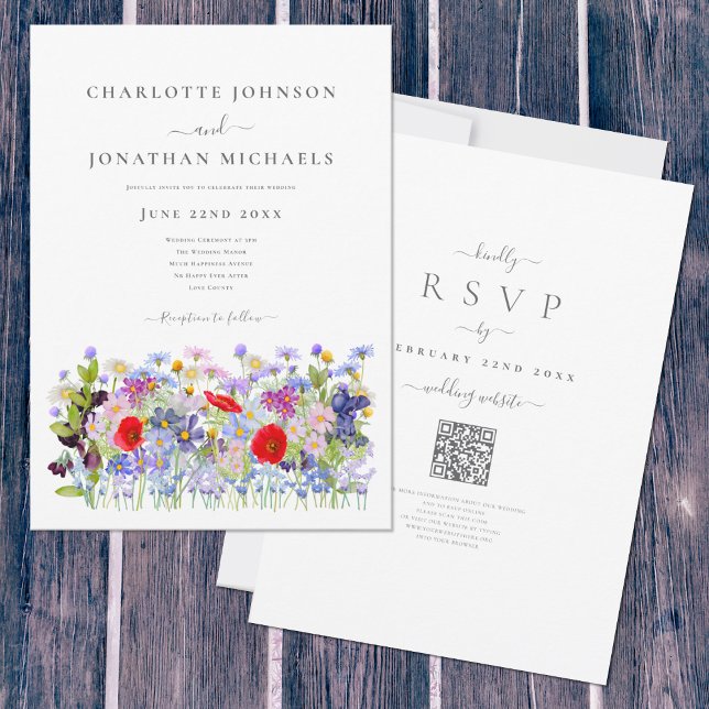 Invitación Boda con código QR de prado de flores silvestres c (Boho Wildflower meadow watercolor wedding invitation with elegant typography script )