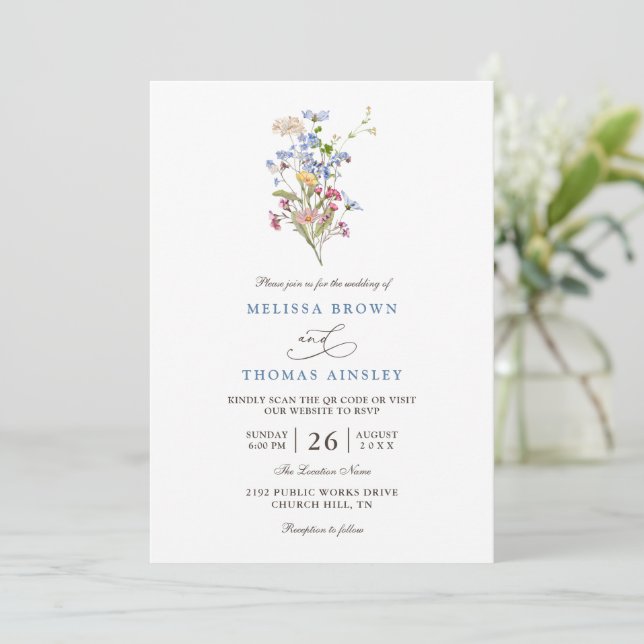 Invitación Boda con código QR de prado de flores silvestres p (Anverso de pie)